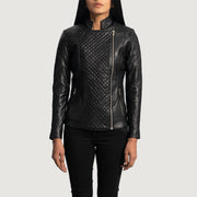 Women's Orient Grain Quilted Sort Læder Bikerjakke til Kvinder in Black Sheepskin Leather - Front Profile View &amp; Tailored Silhouette | Buy Online
