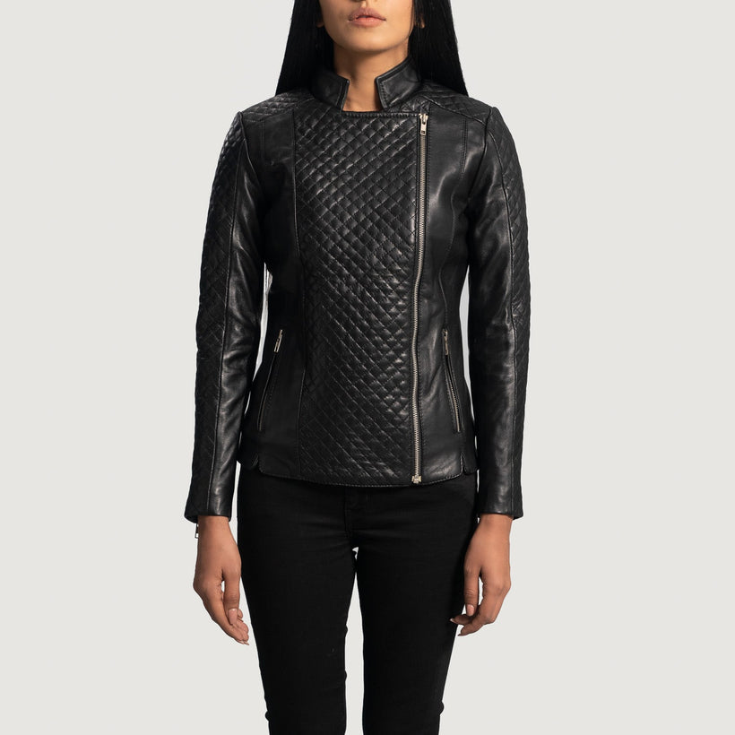 Orient Grain Quilted Sort Læder Bikerjakke til Kvinder