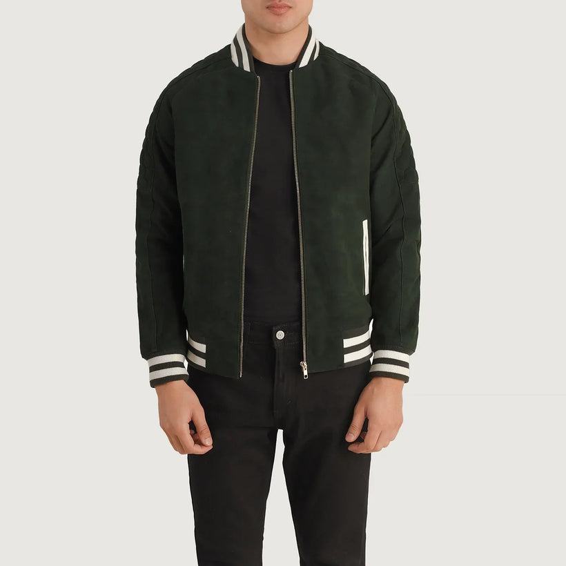 Pascal Green Suede Varsity Læderjakke til Mænd