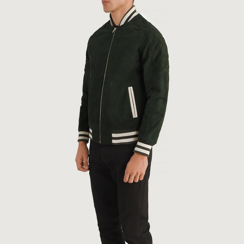 Pascal Green Suede Varsity Læderjakke til Mænd
