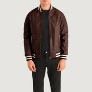 Pascal Maroon Leather Varsity Læderjakke til Mænd in Maroon Sheepskin Leather - Front Profile View &amp; Tailored Silhouette | Buy Online