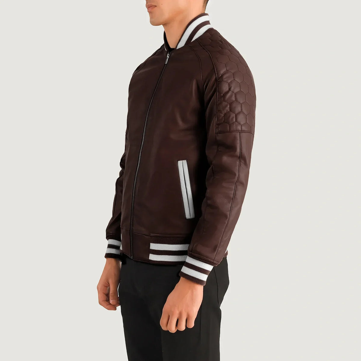 Maroon Sheepskin Leather Varsity Jacket - Back View Showing Tailored Shoulder Fit &amp; Clean Hemline