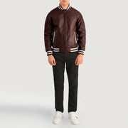 Pascal Maroon Leather Varsity Læderjakke til Mænd - Lateral Side Profile View Showing Sleeve Cut &amp; Athletic Taper Fit