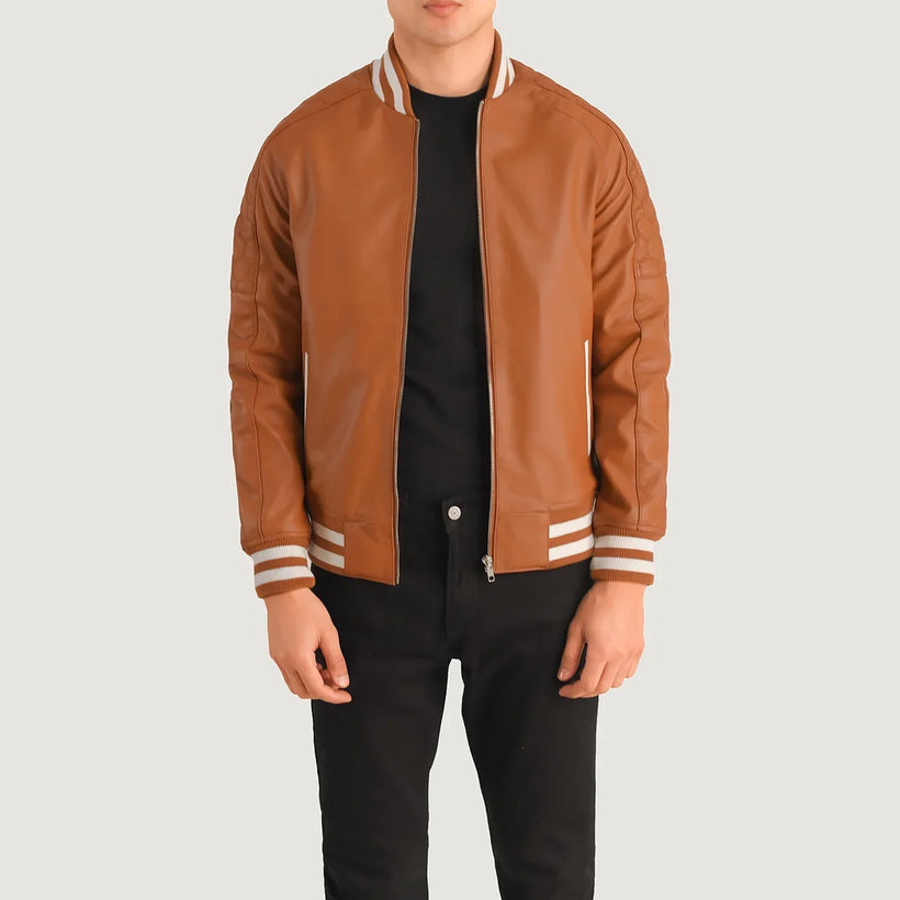 Pascal Lys brun Brun Leather Varsity Læderjakke til Mænd