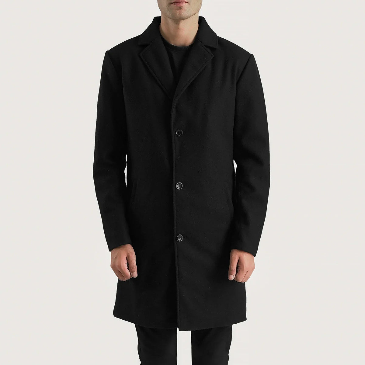 
Nærbillede of Notch & Button Hardware on Petrillo Sort Wool Single Breasted Læderfrakke til Mænd