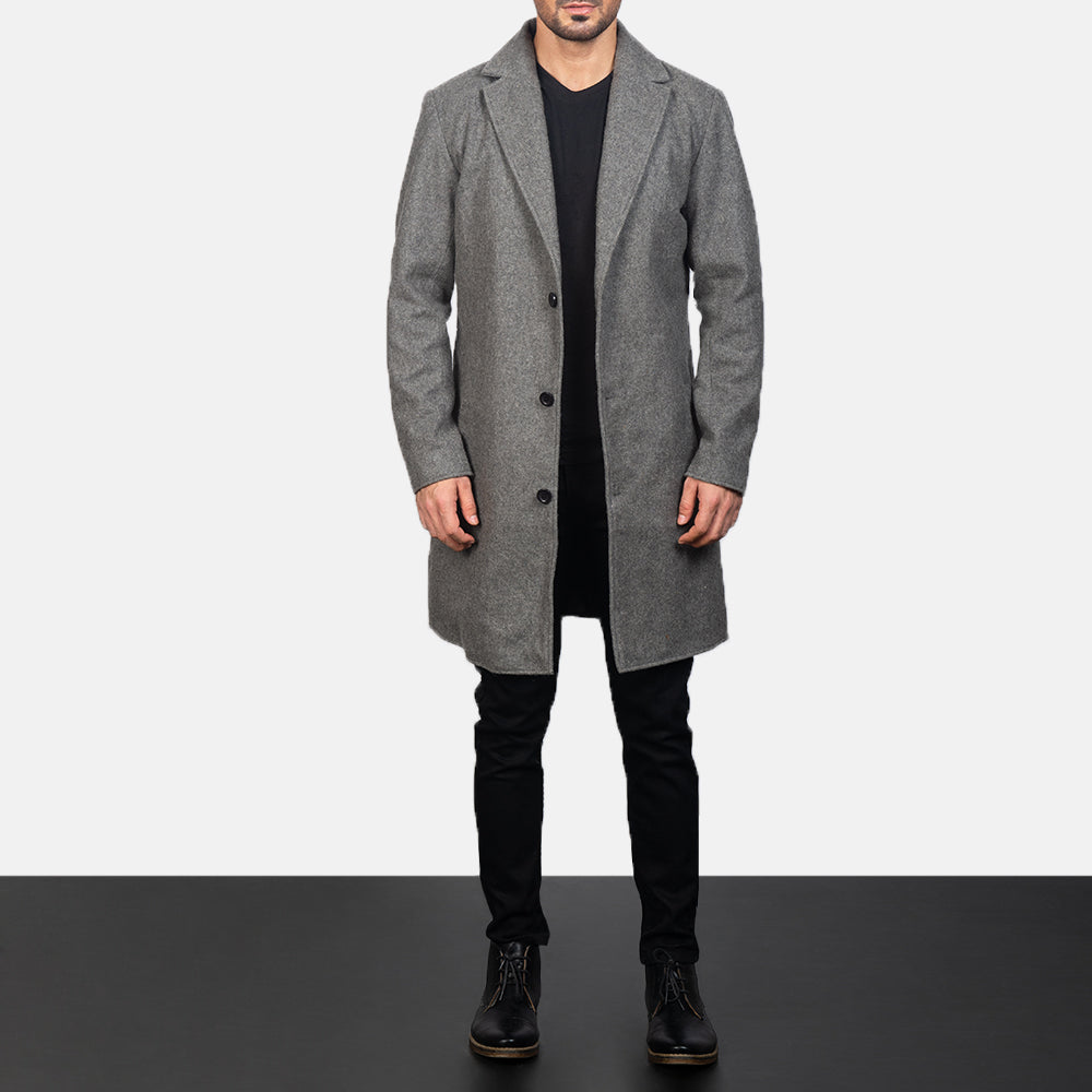 
Nærbillede of Notch & Button Hardware on Petrillo Grey Wool Single Breasted Læderfrakke til Mænd