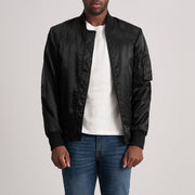 Quinton MA-1 Sort Læder Bomberjakke til Mænd - Lateral Side Profile View Showing Sleeve Cut &amp; Athletic Taper Fit
