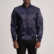 Quinton MA-1 Blue Læder Bomberjakke til Mænd in Blue Satin - Front Profile View &amp; Tailored Silhouette | Buy Online