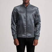 Quinton MA-1 Grey Læder Bomberjakke til Mænd in Grey Satin - Front Profile View &amp; Tailored Silhouette | Buy Online