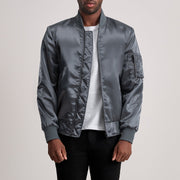 Quinton MA-1 Grey Læder Bomberjakke til Mænd - Lateral Side Profile View Showing Sleeve Cut &amp; Athletic Taper Fit