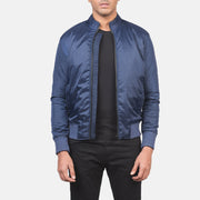 Men's Ramon Blue Læder Bomberjakke til Mænd in Blue Nylon - Front Profile View &amp; Tailored Silhouette | Buy Online