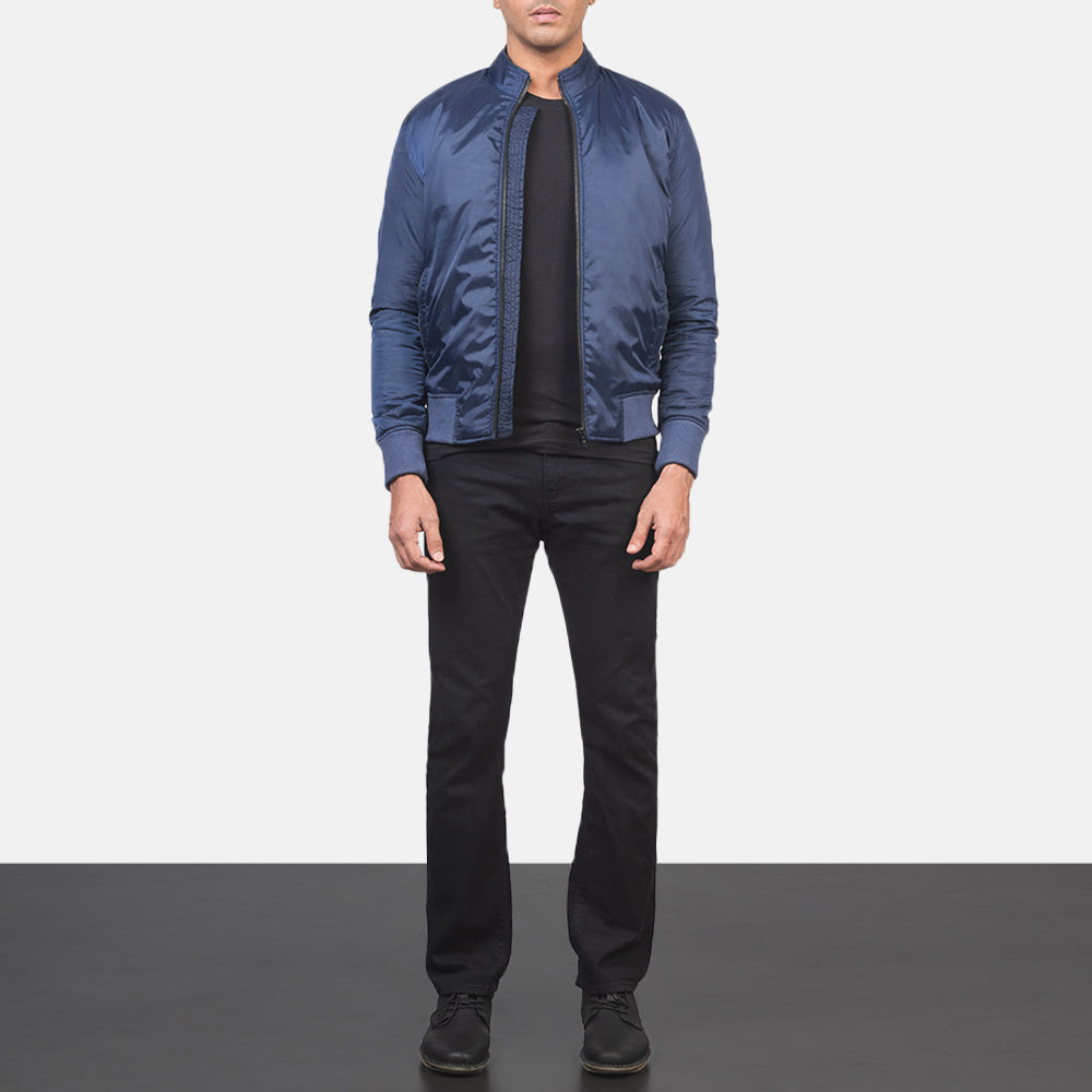 Men's Ramon Blue Læder Bomberjakke til Mænd - Lateral Side Profile View Showing Sleeve Cut &amp; Athletic Taper Fit