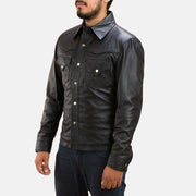 Men's Ranchson Sort Leather Shirt til Mænd - Lateral Side Profile View Showing Sleeve Cut &amp; Athletic Taper Fit