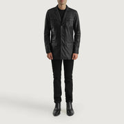 Ray Cutler Black Leather Blazer - Lateral Side Profile View Showing Sleeve Cut &amp; Athletic Taper Fit