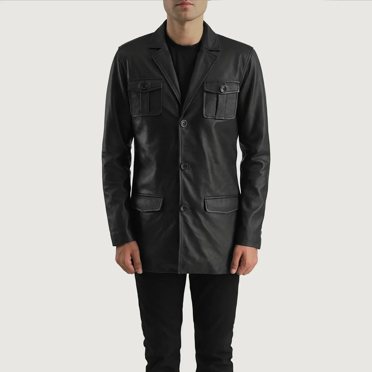 Close-Up Detail of Band &amp; Button Hardware on Ray Cutler Black Leather Blazer