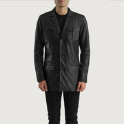 Close-Up Detail of Band &amp; Button Hardware on Ray Cutler Black Leather Blazer