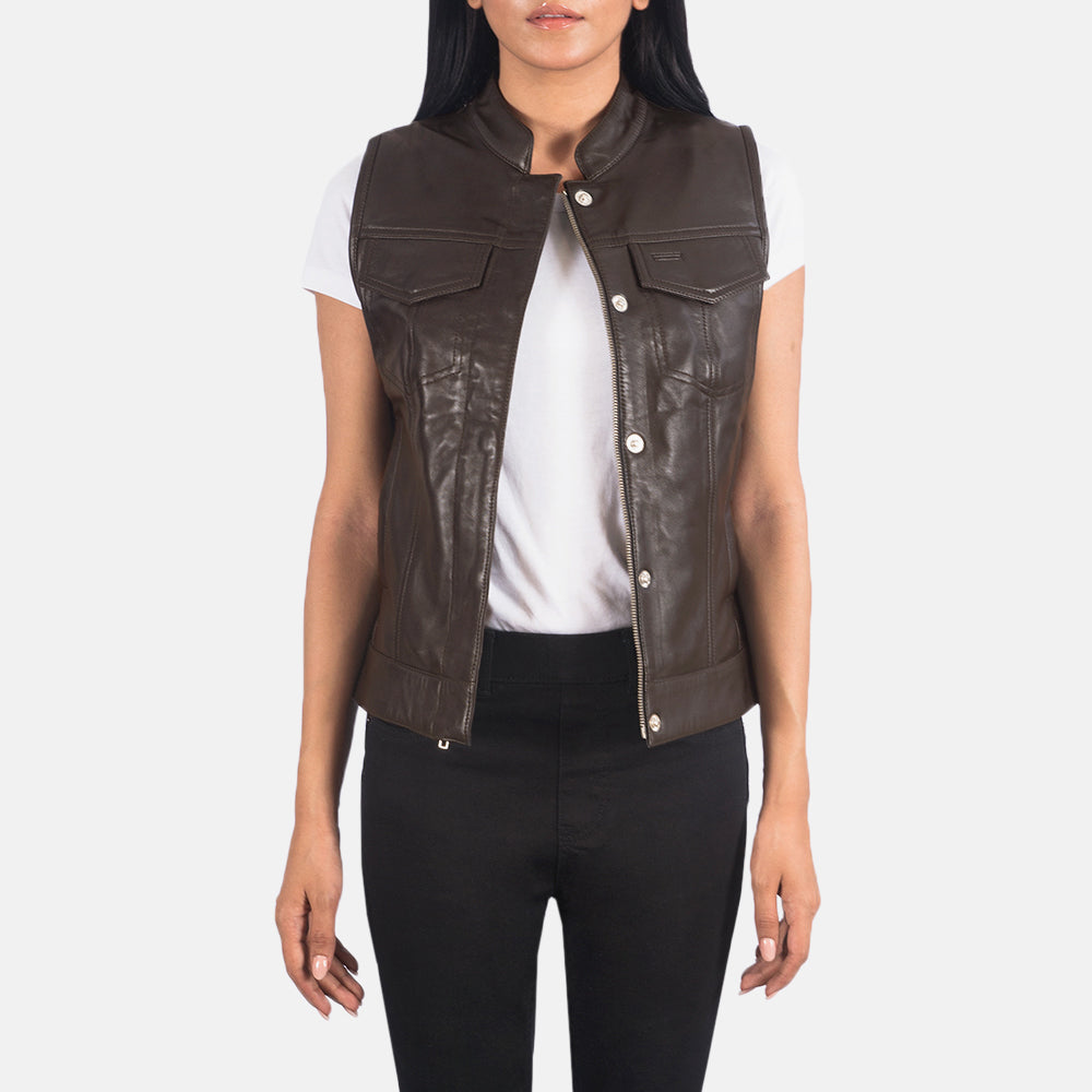 
Rayne Moto Brun Lædervest til Damer in Brown Sheepskin Leather - Forfra med skræddersyet silhuet | Køb online