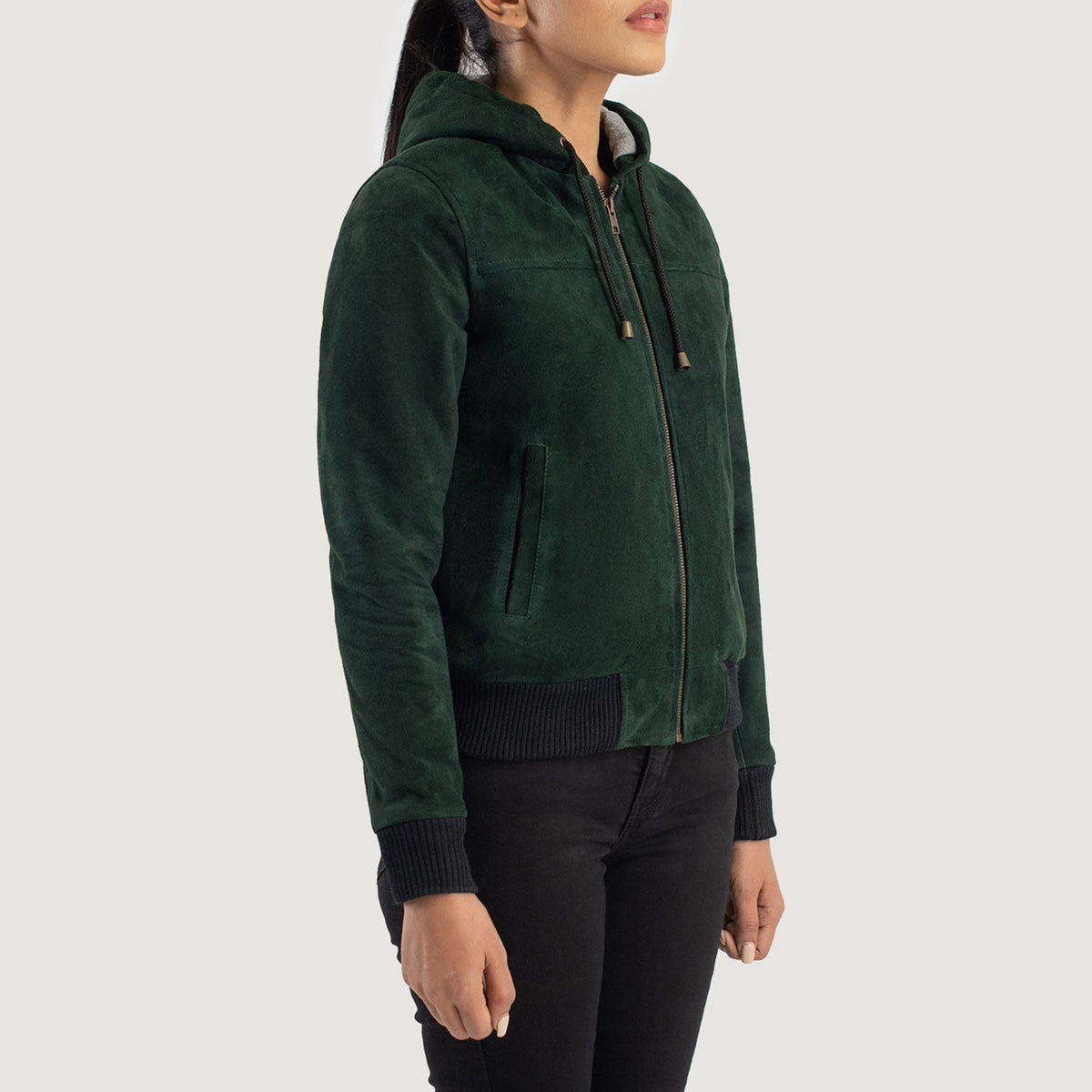 
Green Goatskin Suede Bomber Jacket - Bagfra med tilpassede skuldre og ren kant