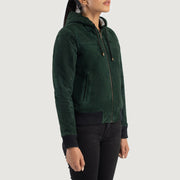 
Green Goatskin Suede Bomber Jacket - Bagfra med tilpassede skuldre og ren kant
