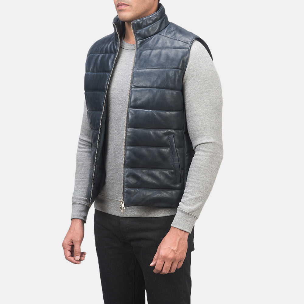 
Blue Sheepskin leather Vest - Bagfra med tilpassede skuldre og ren kant
