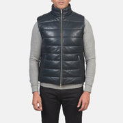 
Nærbillede of Classic Collar & Zipper with Dual Puller Hardware on Reeves Blå Leather Vatteret vest til Mænd