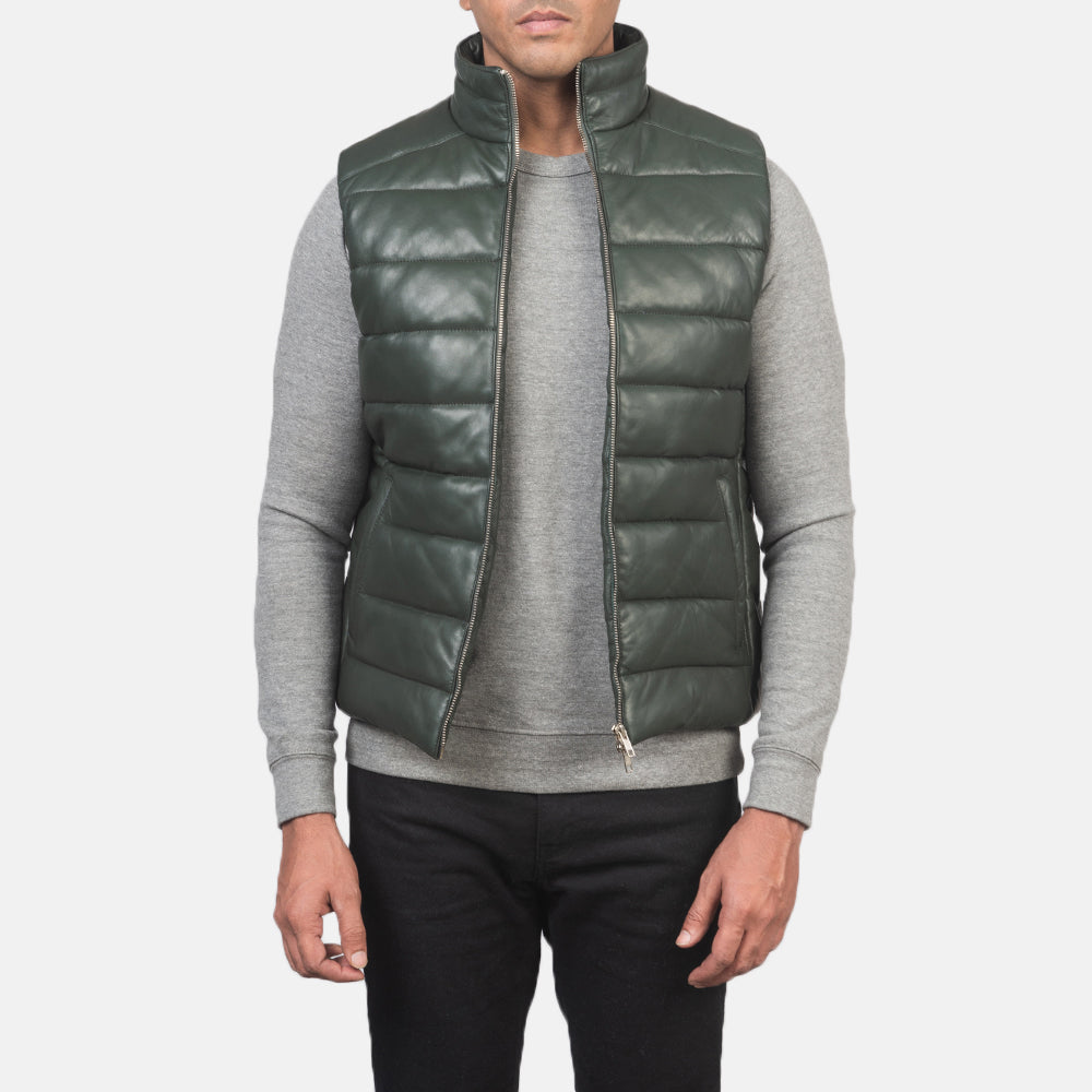 Men's Reeves Green Leather Puffer Vest til Mænd in Green Sheepskin Leather - Front Profile View &amp; Tailored Silhouette | Buy Online