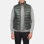 Men's Reeves Green Leather Puffer Vest til Mænd in Green Sheepskin Leather - Front Profile View &amp; Tailored Silhouette | Buy Online