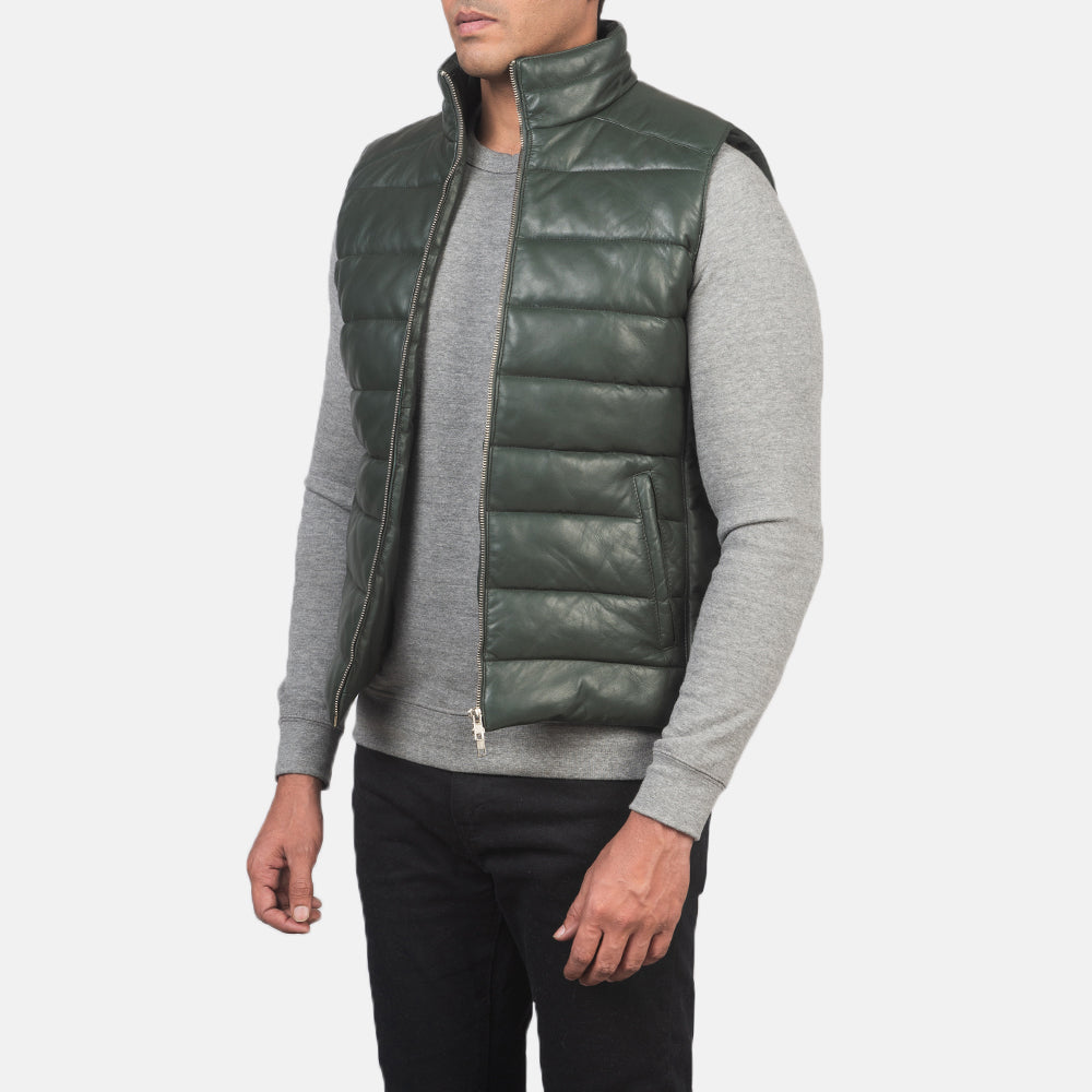 Green Sheepskin leather Vest - Back View Showing Tailored Shoulder Fit &amp; Clean Hemline
