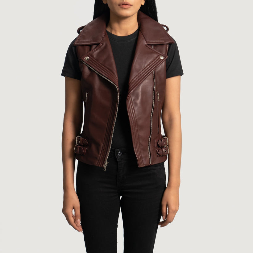 Rhonda Maroon Leather Biker Vest til Kvinder