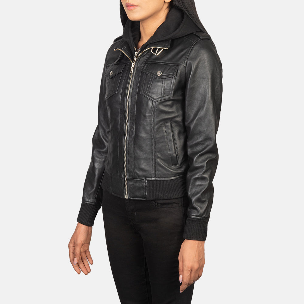 Roslyn Hooded Læder Bomberjakke til Kvinder – alternate product view 2