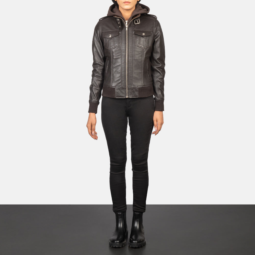 Women's Roslyn Brown Hooded Leather Bomber Jacket - Lateral Side Profile View Showing Sleeve Cut &amp; Athletic Taper Fit