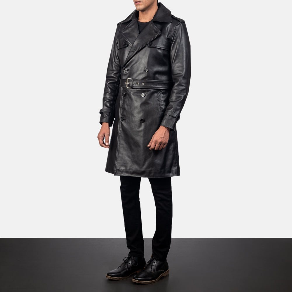 Black Cowhide Leather Trench Coat - Back View Showing Tailored Shoulder Fit & Clean Hemline