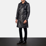 Black Cowhide Leather Trench Coat - Back View Showing Tailored Shoulder Fit & Clean Hemline