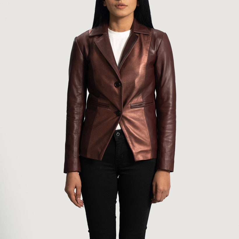 Ruby Metallic Maroon Leather Blazer til Kvinder