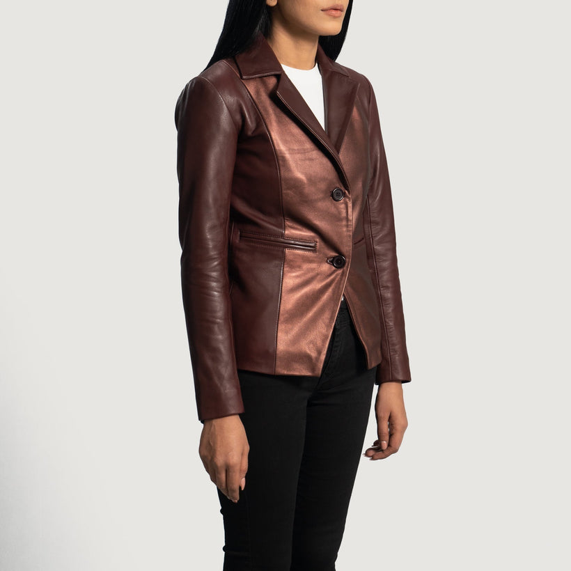 Ruby Metallic Maroon Leather Blazer til Kvinder