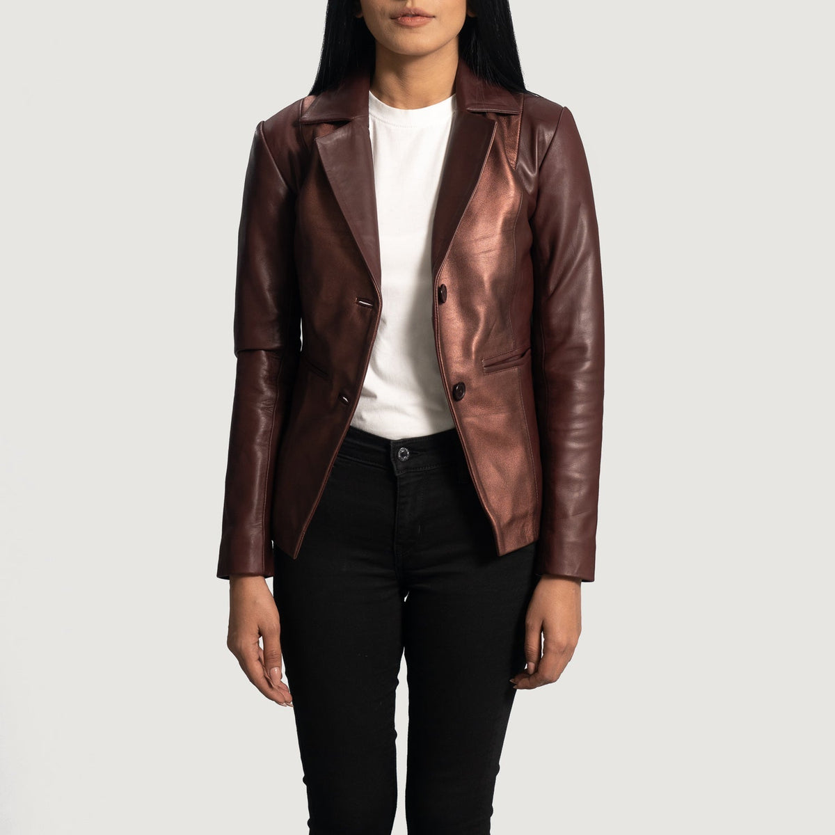 Women's Ruby Metallic Maroon Leather Blazer til Kvinder - Lateral Side Profile View Showing Sleeve Cut &amp; Athletic Taper Fit