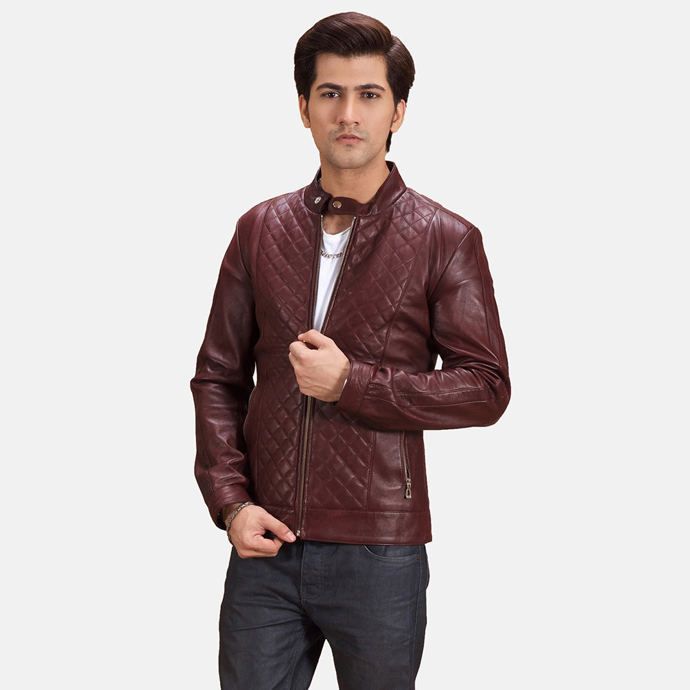 Rumano Jae Maroon Læder Bikerjakke til Mænd in Maroon Sheepskin Leather - Front Profile View &amp; Tailored Silhouette | Buy Online