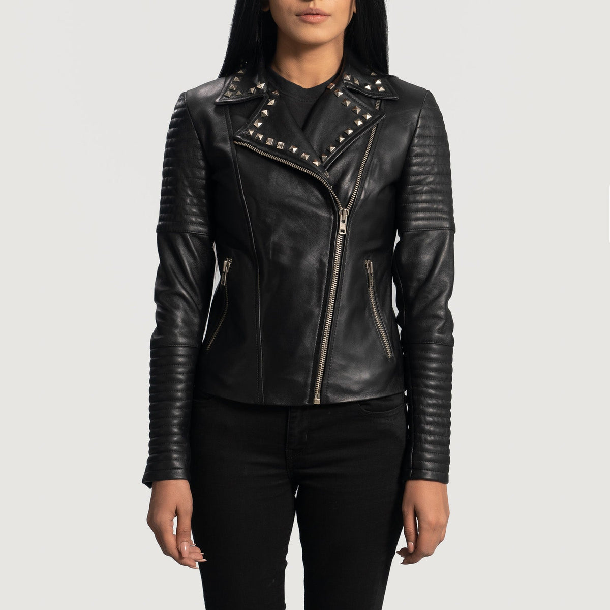 Women's Sally Mae Studded Sort Læder Bikerjakke til Kvinder in Black Sheepskin Leather - Front Profile View &amp; Tailored Silhouette | Buy Online