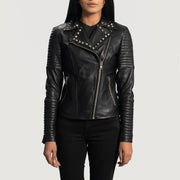 Women's Sally Mae Studded Sort Læder Bikerjakke til Kvinder in Black Sheepskin Leather - Front Profile View &amp; Tailored Silhouette | Buy Online