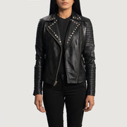 Women's Sally Mae Studded Sort Læder Bikerjakke til Kvinder - Lateral Side Profile View Showing Sleeve Cut &amp; Athletic Taper Fit