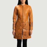 Women's Sandy Lys brun Dye Leather Coat til Kvinder in Tan Brown Sheepskin Dip &amp;Amp; Dye - Front Profile View &amp; Tailored Silhouette | Buy Online