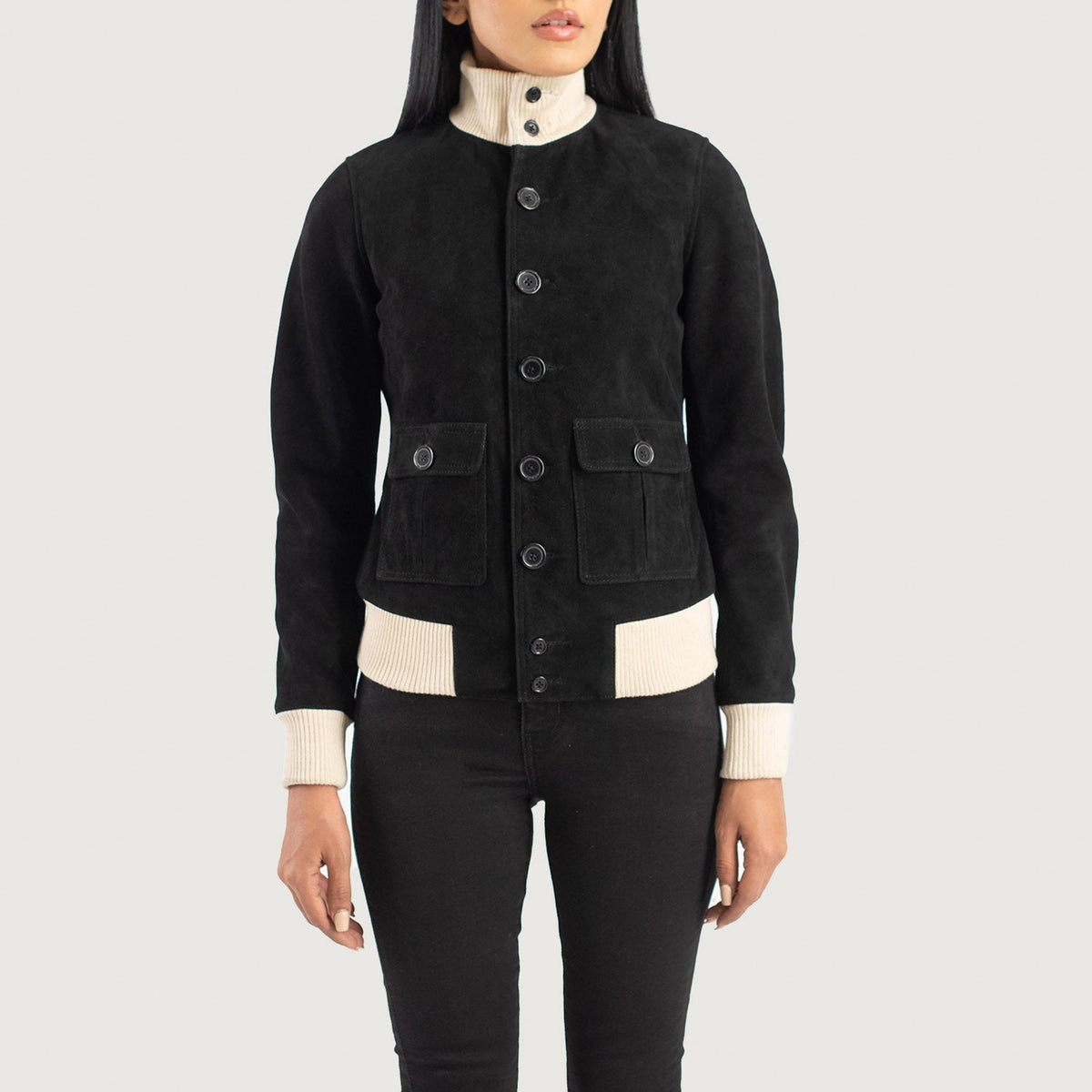 
Nærbillede of Knit Rib & Buttons Hardware on Sasha A1 Black Suede Bomber Jacket