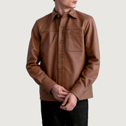 Scout Matte Brun Leather Shirt til Mænd - Lateral Side Profile View Showing Sleeve Cut &amp; Athletic Taper Fit