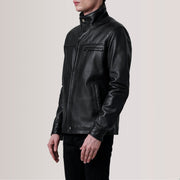 Sean Sort Leather Classic Læderjakke til Mænd For Men - Lateral Side Profile View Showing Sleeve Cut &amp; Athletic Taper Fit
