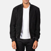 Men's Shane Sort Suede Læder Bomberjakke til Mænd in Black Goatskin Suede - Front Profile View &amp; Tailored Silhouette | Buy Online