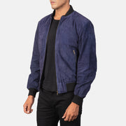Blue Goatskin Suede Bomber Jacket - Back View Showing Tailored Shoulder Fit &amp; Clean Hemline