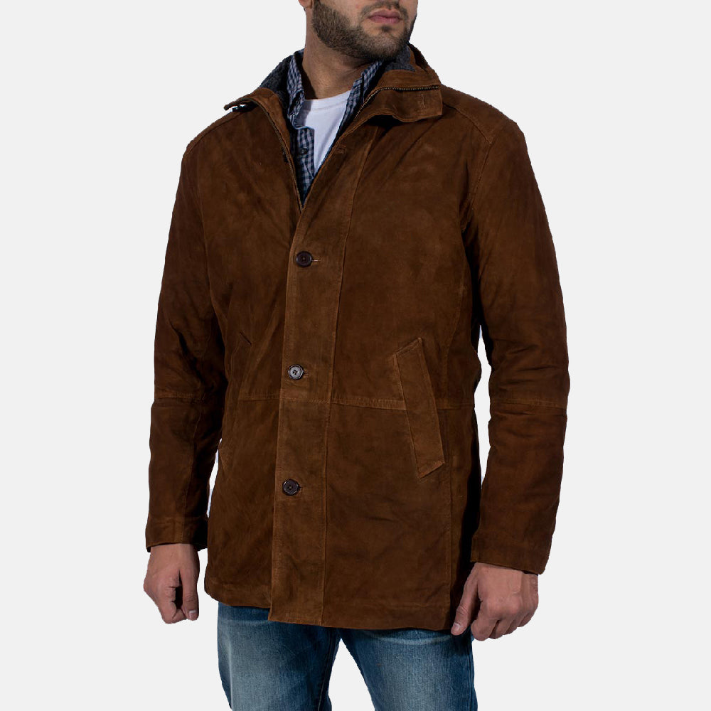 Men's Sheriff Brun Suede Læderjakke til Mænd - Lateral Side Profile View Showing Sleeve Cut &amp; Athletic Taper Fit