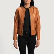 Women's Sleeky Clean Lys brun Læder Bikerjakke til Kvinder in Tan Brown Sheepskin Leather - Front Profile View &amp; Tailored Silhouette | Buy Online