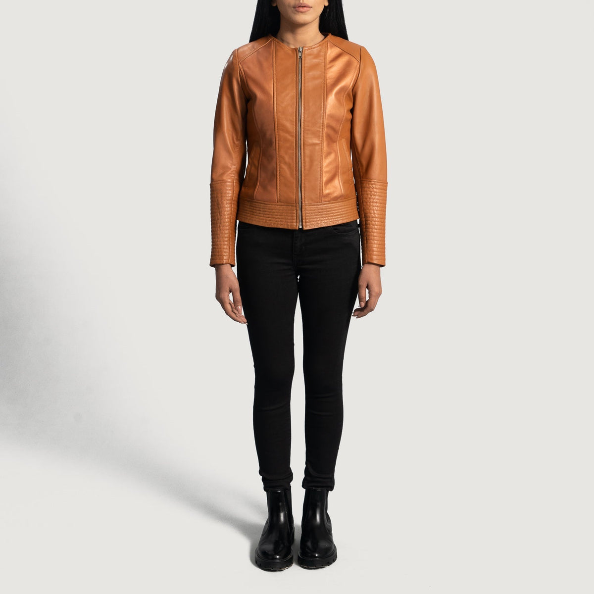 Women's Sleeky Clean Lys brun Læder Bikerjakke til Kvinder - Lateral Side Profile View Showing Sleeve Cut &amp; Athletic Taper Fit