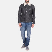 
Nærbillede of Shirt style Faux Shearling Collar & Zipper + Button Flap Hardware on Snow Cole Sort Læderjakke til Mænd